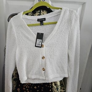 White Textured Cardigan with Gold Buttons